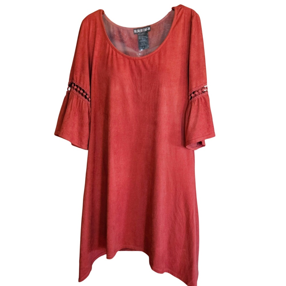 Paper Doll Rust Faux Suede Bell Sleeve Crochet Trim Sharkbite Dress Medium